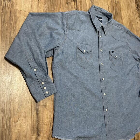 Wrangler Western Pearl Snap Light Wash Denim Long Sleeve Shirt Mens XXL - Picture 6 of 11